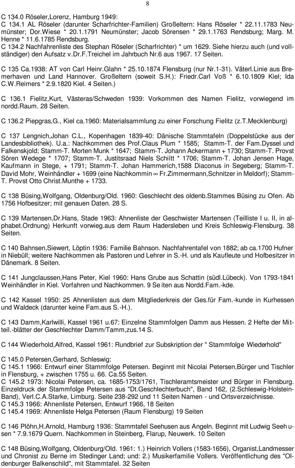 17 Seiten. C 135 Ca.1938: AT von Carl Heinr.Glahn * 25.10.1874 Flensburg (nur Nr.1-31). Väterl.Linie aus Bremerhaven und Land Hannover. Großeltern (soweit S.H.): Friedr.Carl Voß * 6.10.1809 Kiel; Ida C.