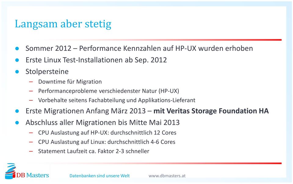 Applikations-Lieferant Erste Migrationen Anfang März 2013 mit Veritas Storage Foundation HA Abschluss aller Migrationen bis Mitte Mai