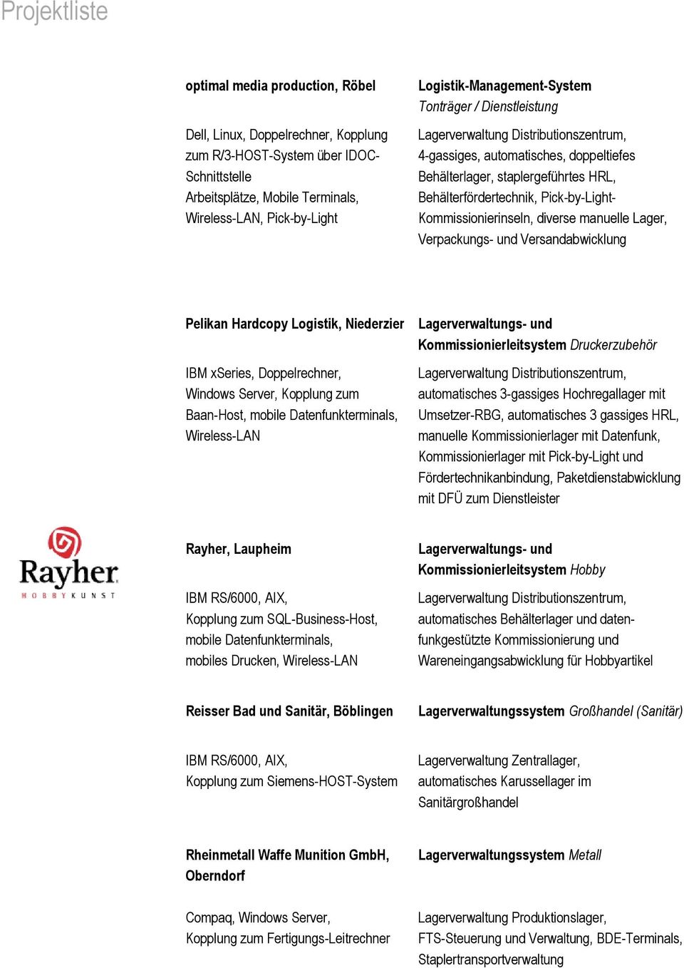 Pick-by-Light- Kommissionierinseln, diverse manuelle Lager, Verpackungs- und Versandabwicklung Pelikan Hardcopy Logistik, Niederzier IBM xseries, Doppelrechner, Windows Server, Kopplung zum