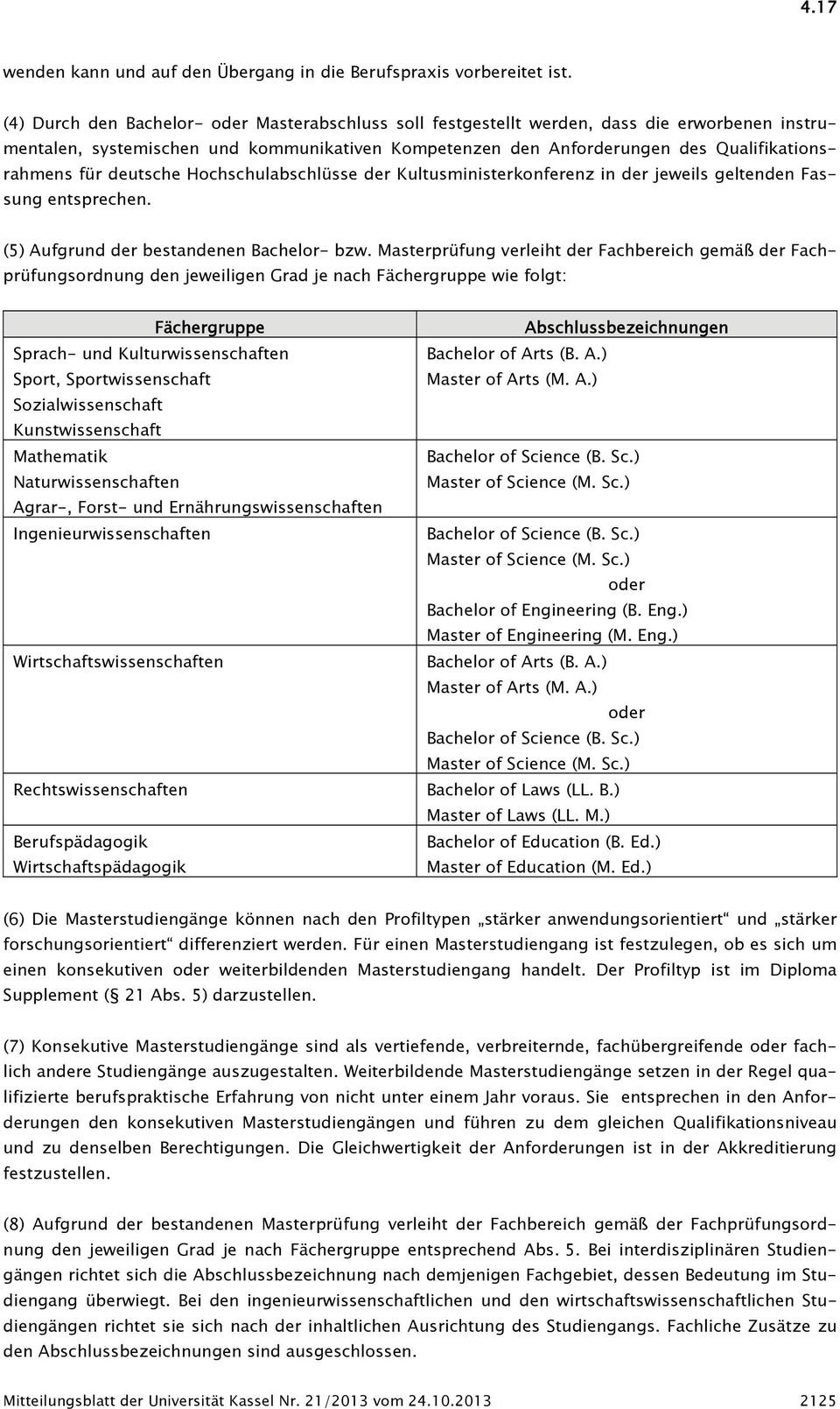 deutsche Hochschulabschlüsse der Kultusministerkonferenz in der jeweils geltenden Fassung entsprechen. (5) Aufgrund der bestandenen Bachelor- bzw.