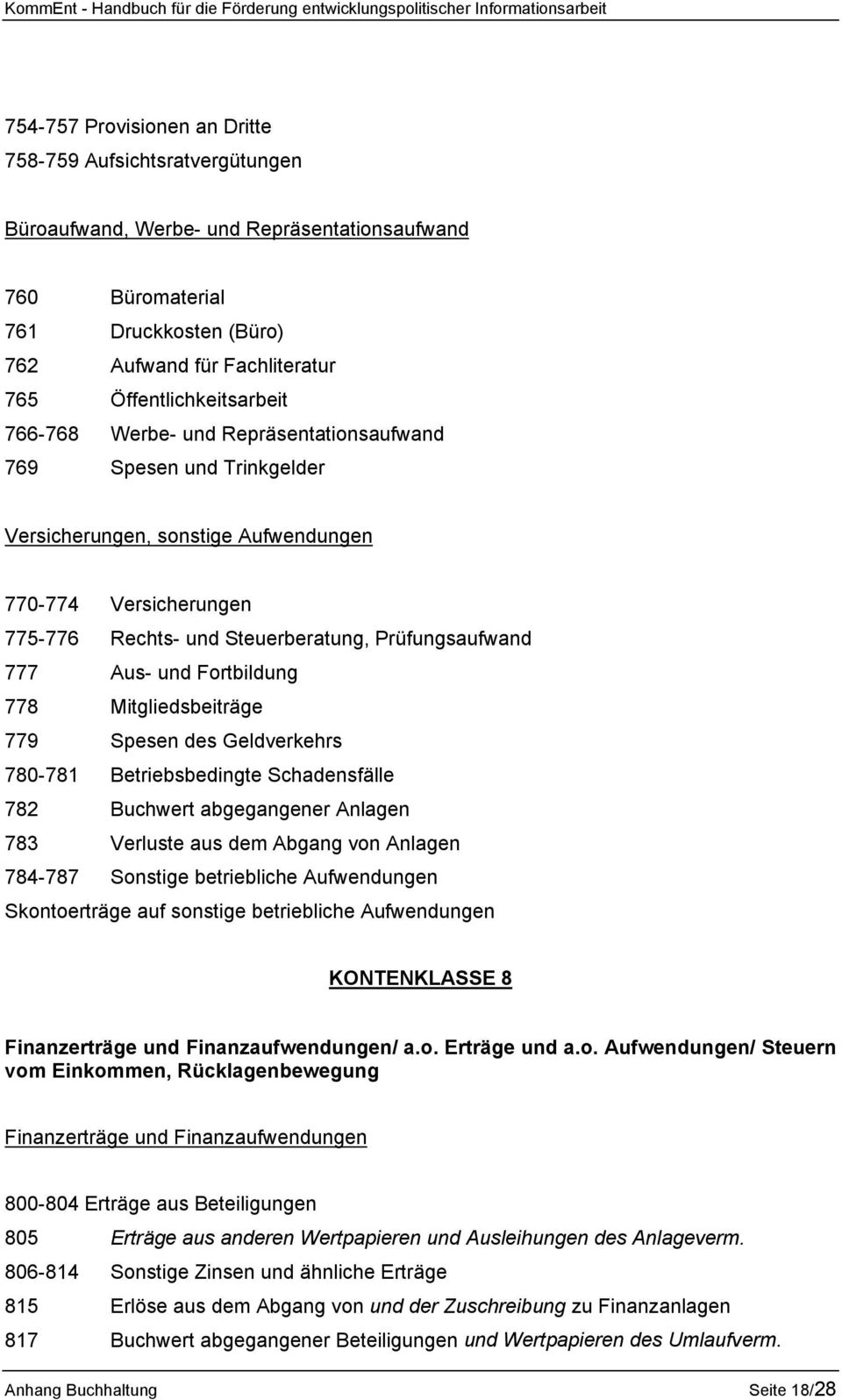 Prüfungsaufwand 777 Aus- und Fortbildung 778 Mitgliedsbeiträge 779 Spesen des Geldverkehrs 780-781 Betriebsbedingte Schadensfälle 782 Buchwert abgegangener Anlagen 783 Verluste aus dem Abgang von