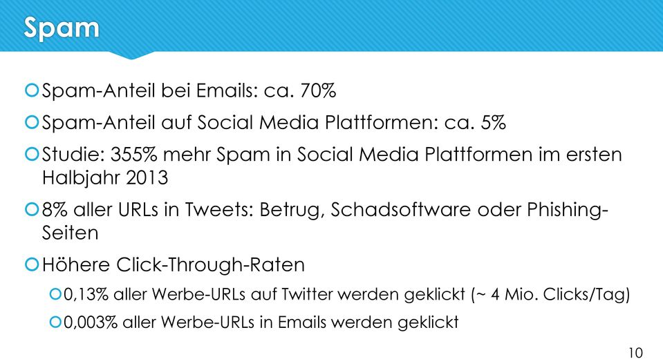 Tweets: Betrug, Schadsoftware oder Phishing- Seiten Höhere Click-Through-Raten 0,13% aller