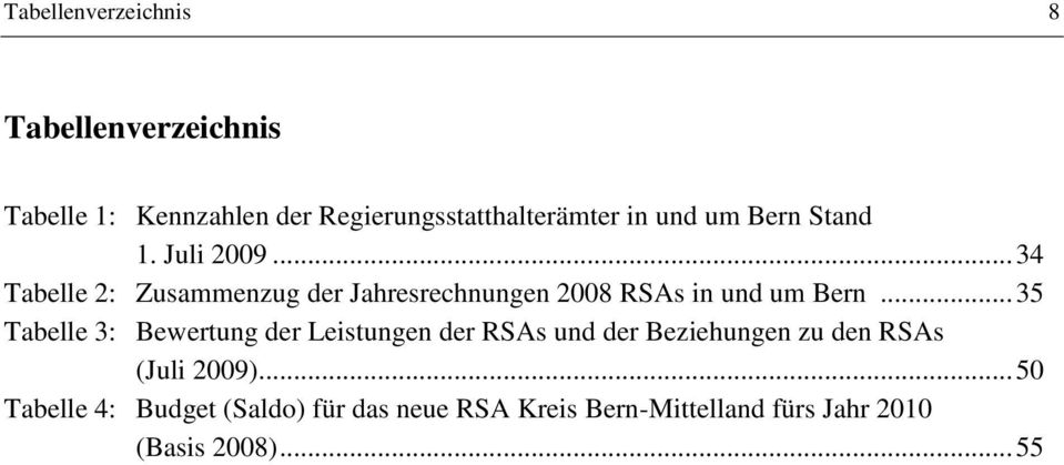 .. 34 Tabelle 2: Zusammenzug der Jahresrechnungen 2008 RSAs in und um Bern.