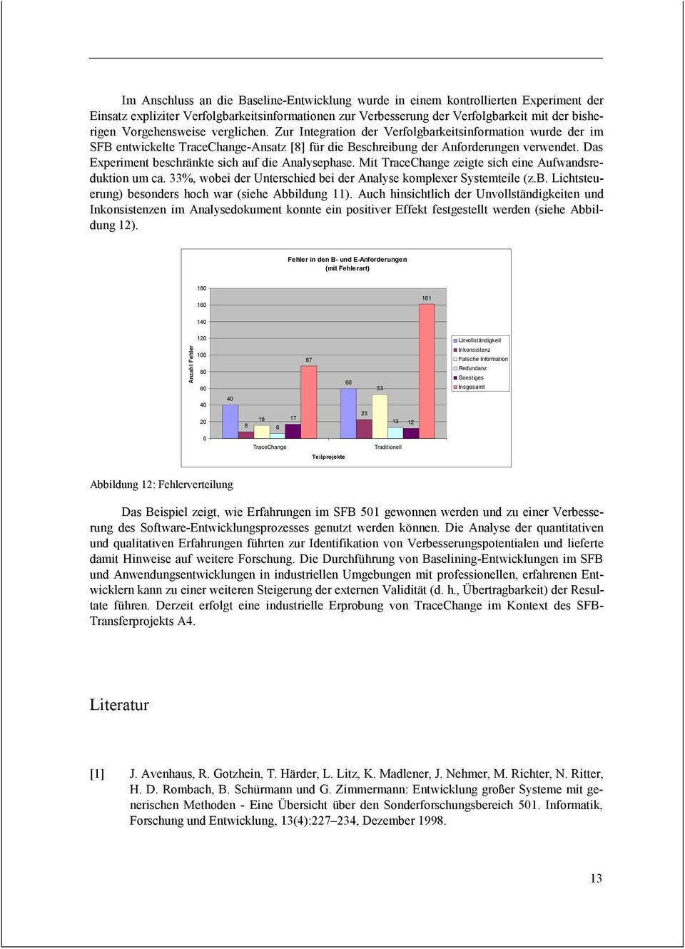 Das Experiment beschränkte sich auf die Analysephase. Mit TraceChange zeigte sich eine Aufwandsreduktion um ca. 33%, wobei der Unterschied bei der Analyse komplexer Systemteile (z.b. Lichtsteuerung) besonders hoch war (siehe Abbildung 11).