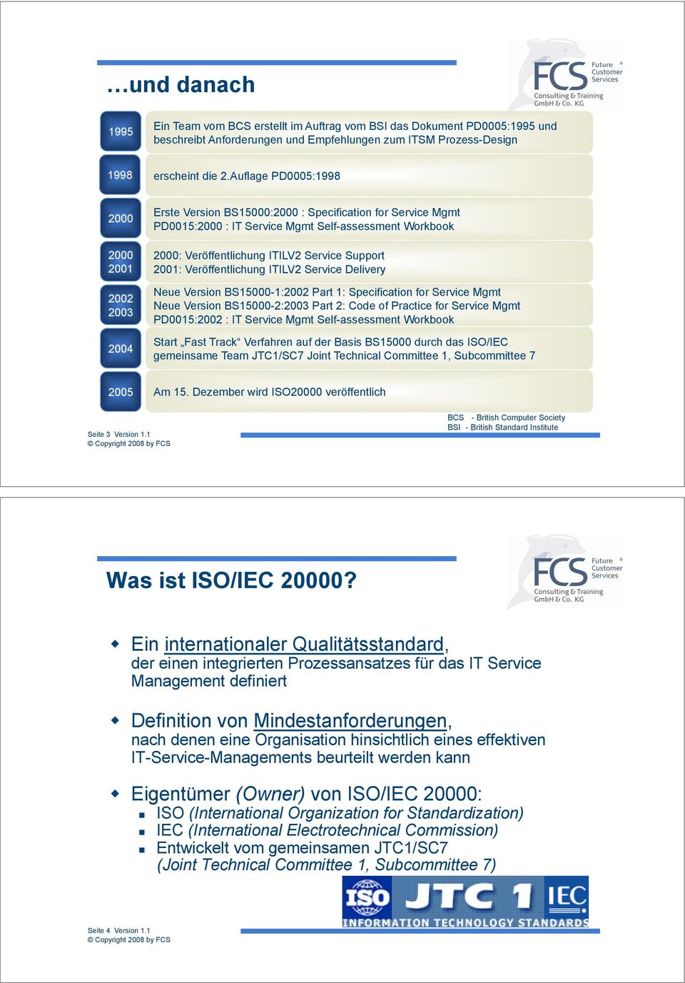 Service Support 2001: Veröffentlichung ITILV2 Service Delivery Neue Version BS15000-1:2002 Part 1: Specification for Service Mgmt Neue Version BS15000-2:2003 Part 2: Code of Practice for Service Mgmt
