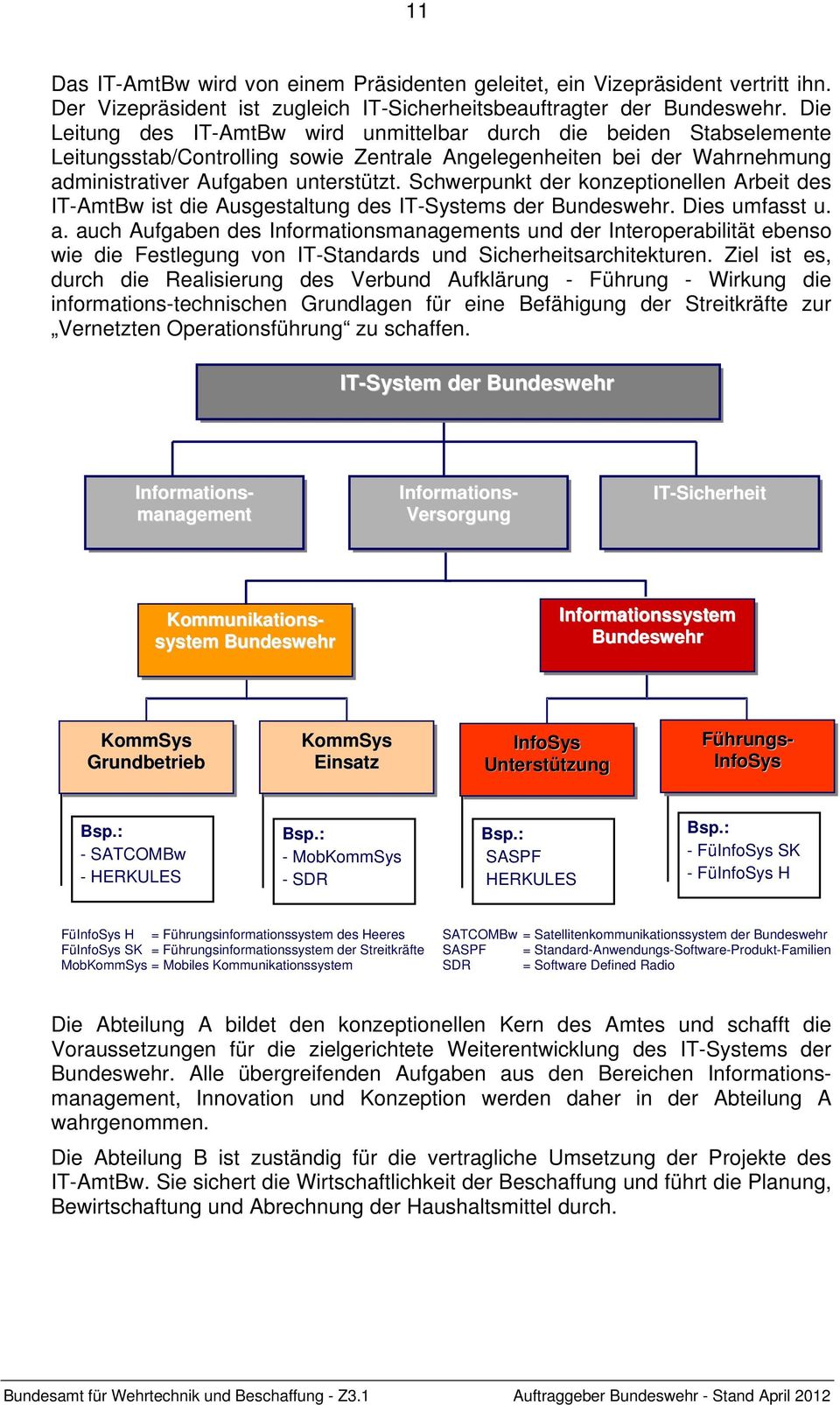 Schwerpunkt der konzeptionellen Arbeit des IT-AmtBw ist die Ausgestaltung des IT-Systems der Bundeswehr. Dies umfasst u. a.