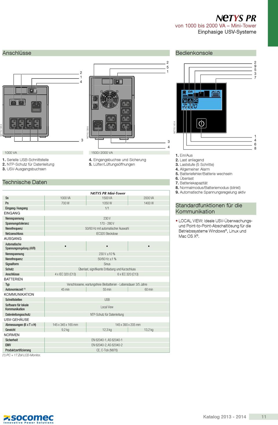 automatischer Auswahl Netzanschluss IEC0 Steckdose AUSGANG Automatische Spannungsregelung (AVR) Nennspannung 0 V ±0 % Nennfrequenz 0/0 Hz ± % Signalform Sinus Schutz Überlast, signifikante Entladung