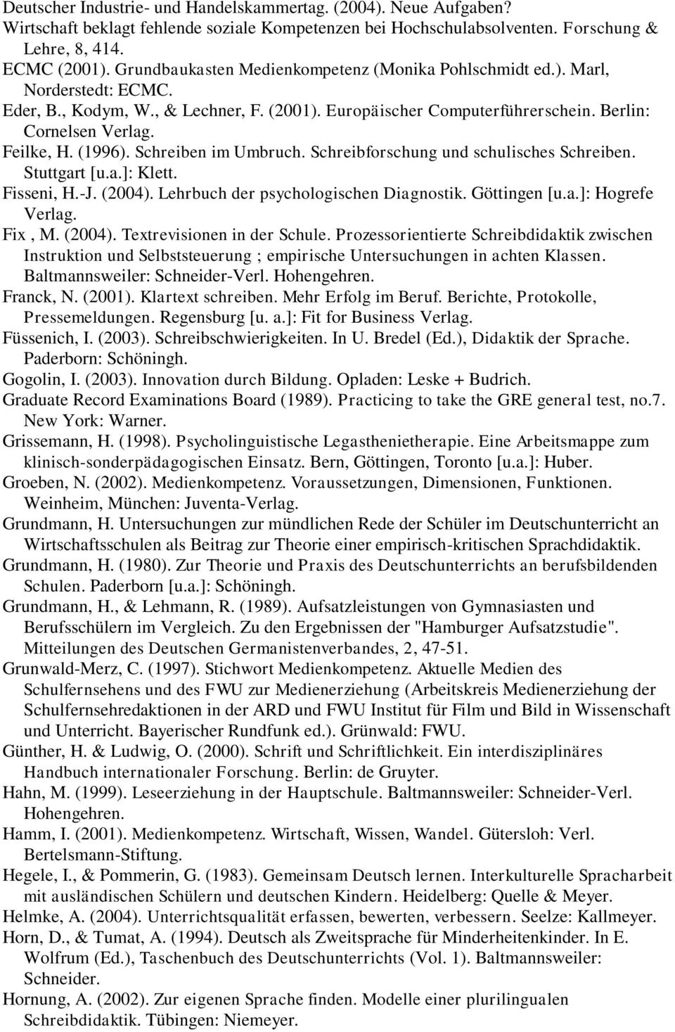 (1996). Schreiben im Umbruch. Schreibforschung und schulisches Schreiben. Stuttgart [u.a.]: Klett. Fisseni, H.-J. (2004). Lehrbuch der psychologischen Diagnostik. Göttingen [u.a.]: Hogrefe Verlag.