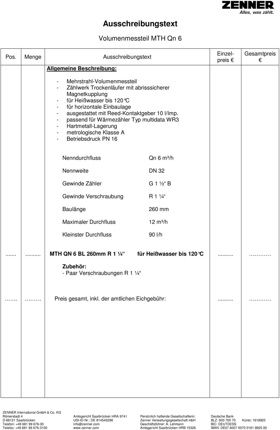 mm 12 m³/h 90 l/h MTH QN 6 BL 260mm R 1 ¼ für