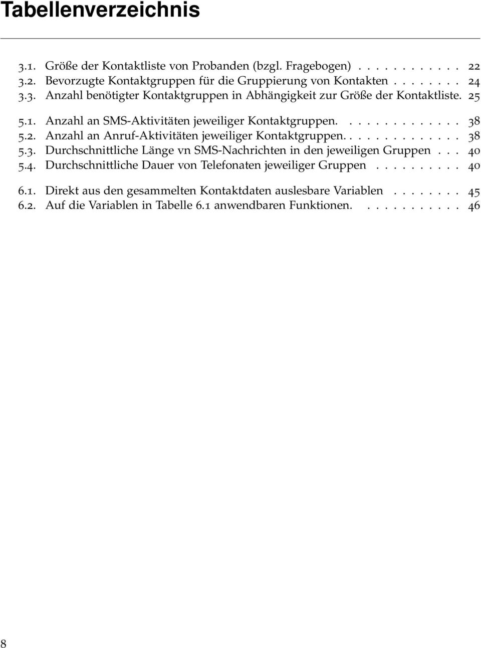 .. 40 5.4. Durchschnittliche Dauer von Telefonaten jeweiliger Gruppen.......... 40 6.1. Direkt aus den gesammelten Kontaktdaten auslesbare Variablen........ 45 6.2.