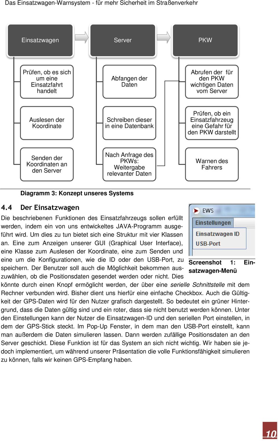 Konzept unseres Systems 4.4 Der Einsatzwagen Die beschriebenen Funktionen des Einsatzfahrzeugs sollen erfüllt werden, indem ein von uns entwickeltes JAVA-Programm ausgeführt wird.