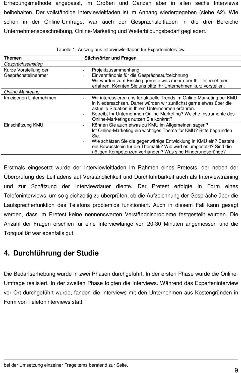 Themen Gesprächseinstieg Kurze Vorstellung der Gesprächsteilnehmer Tabelle 1: Auszug aus Interviewleitfaden für Experteninterview.