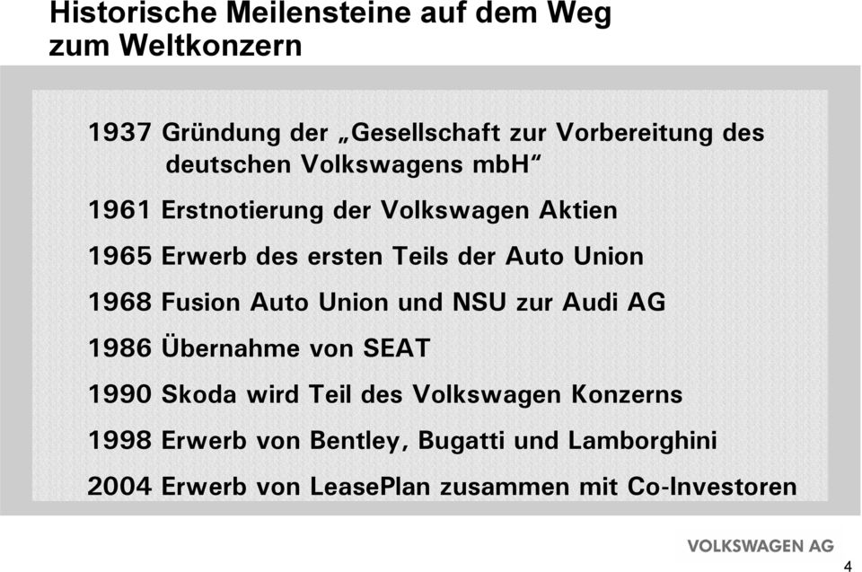 Union 1968 Fusion Auto Union und NSU zur Audi AG 1986 Übernahme von SEAT 1990 Skoda wird Teil des