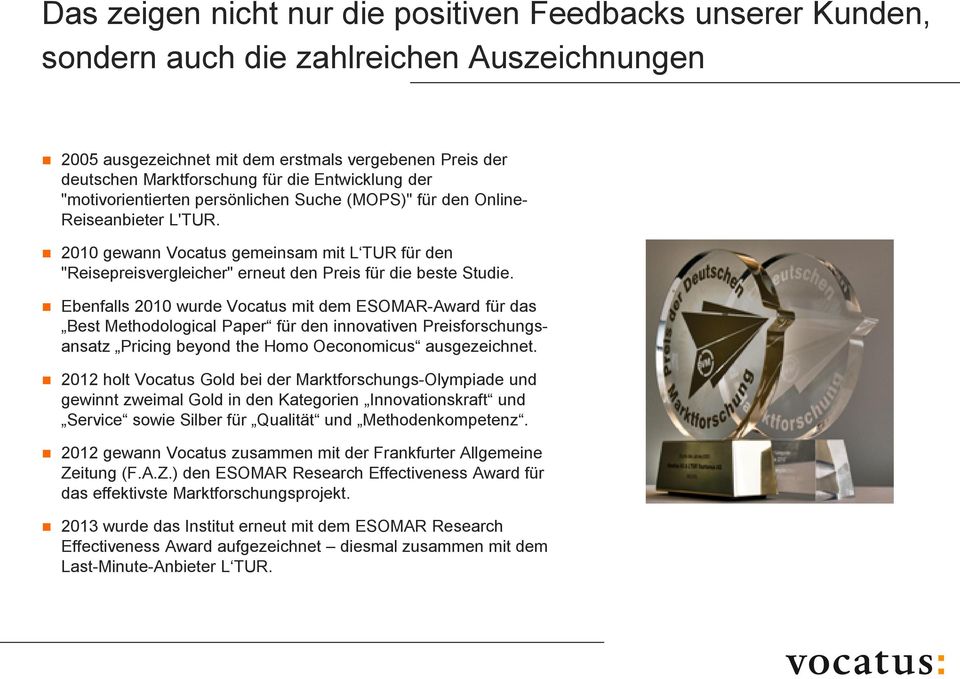 2010 gewann Vocatus gemeinsam mit L TUR für den "Reisepreisvergleicher" erneut den Preis für die beste Studie.
