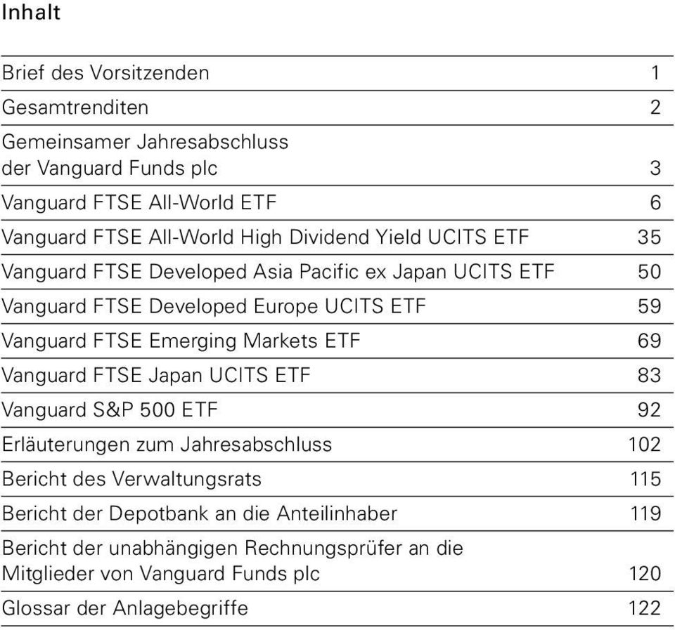 FTSE Emerging Markets ETF 69 Vanguard FTSE Japan UCITS ETF 83 Vanguard S&P 500 ETF 92 Erläuterungen zum Jahresabschluss 102 Bericht des Verwaltungsrats