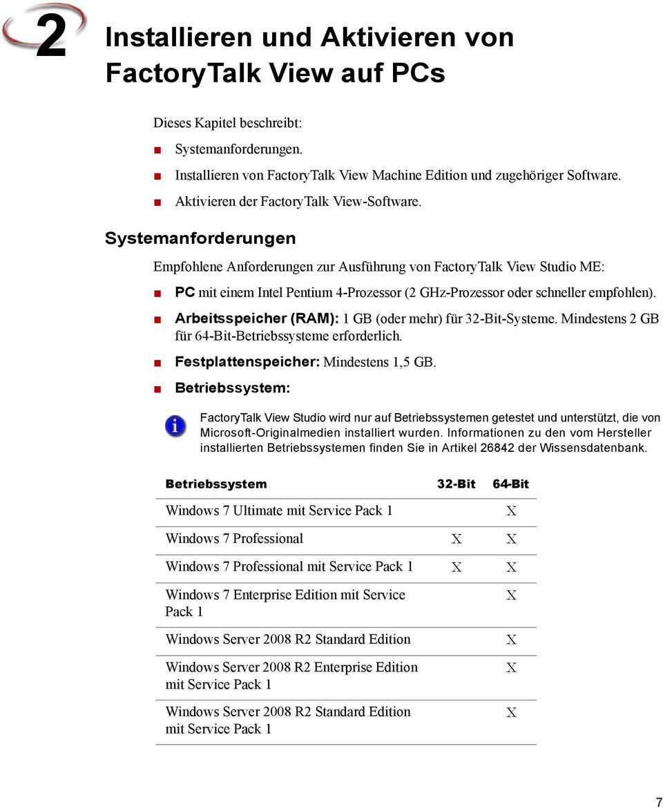 Systemanforderungen Empfohlene Anforderungen zur Ausführung von FactoryTalk View Studio ME: PC mit einem Intel Pentium 4-Prozessor (2 GHz-Prozessor oder schneller empfohlen).