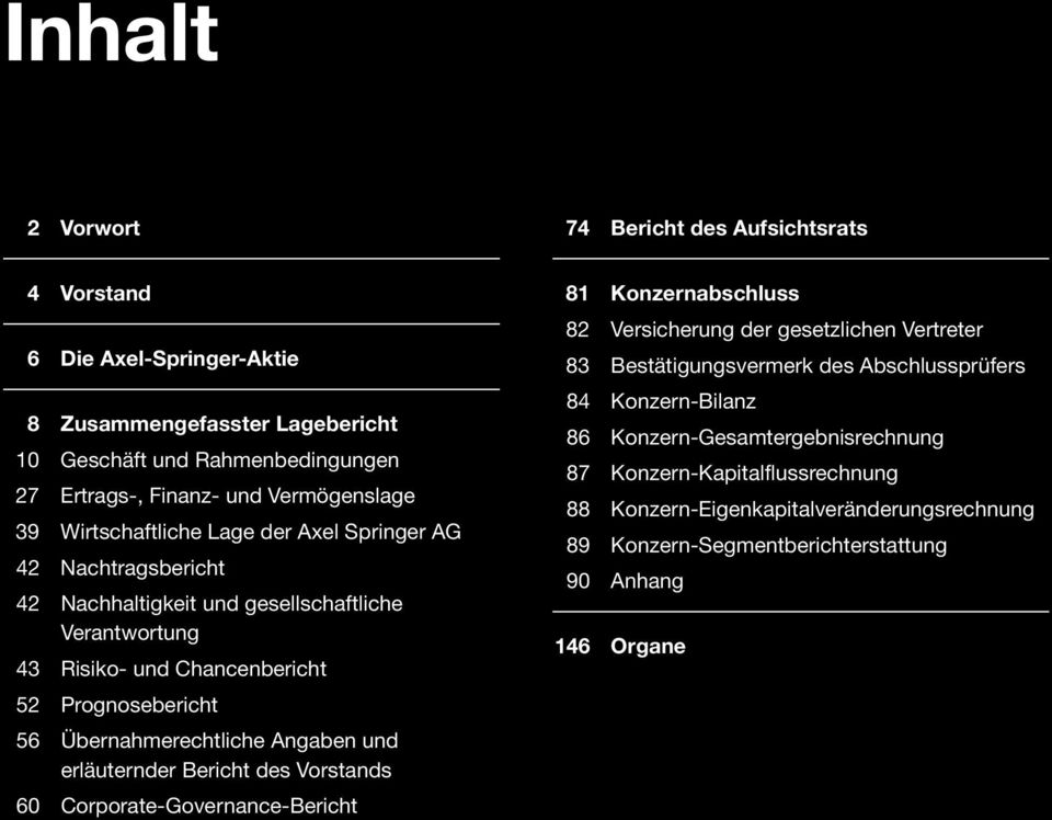 Übernahmerechtliche Angaben und erläuternder Bericht des Vorstands 60 Corporate-Governance-Bericht 81 Konzernabschluss 82 Versicherung der gesetzlichen Vertreter 83 Bestätigungsvermerk