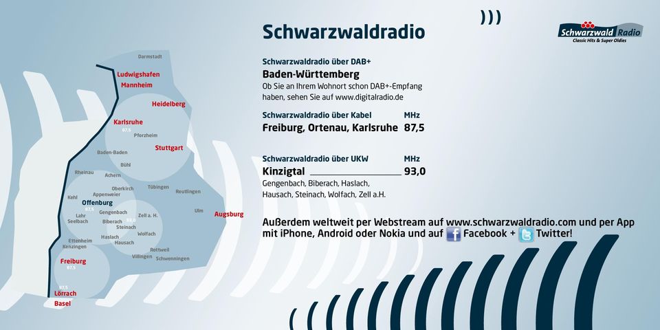 Gengenbach, Biberach, Haslach, Hausach, Steinach, Wolfach, Zell a.h. Reutlingen Offenburg 87,5 MHz Kinzigtal 93,0 Achern Oberkirch Appenweier Lahr Seelbach MHz Freiburg, Ortenau, Karlsruhe 87,5 Gengenbach Biberach 93,0 Steinach Haslach Hausach Zell a.