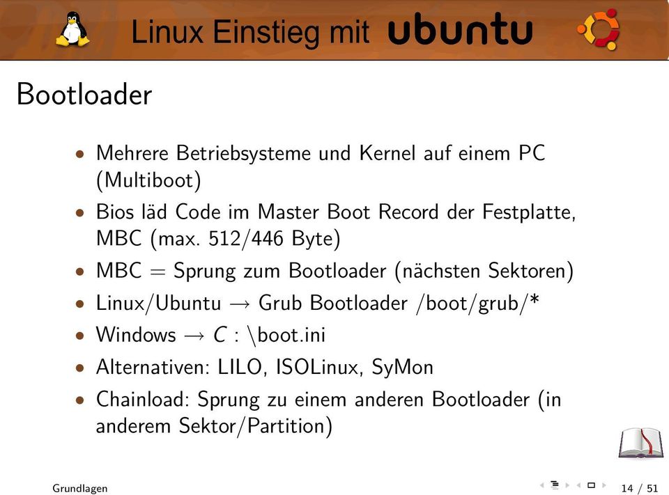 512/446 Byte) MBC = Sprung zum Bootloader (nächsten Sektoren) Linux/Ubuntu Grub Bootloader