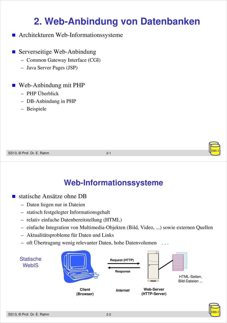 Rahm 2-1 statische Ansätze ohne DB Web-Informationssysteme Daten liegen nur in Dateien statisch festgelegter Informationsgehalt relativ einfache Datenbereitstellung (HTML) einfache