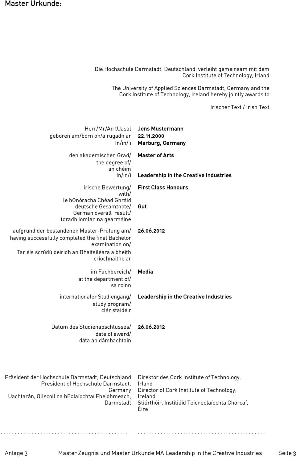 2000 In/in/ i Marburg, Germany den akademischen Grad/ the degree of/ an chéim In/in/i irische Bewertung/ with/ le honóracha Chéad Ghráid deutsche Gesamtnote/ German overall result/ toradh iomlán na