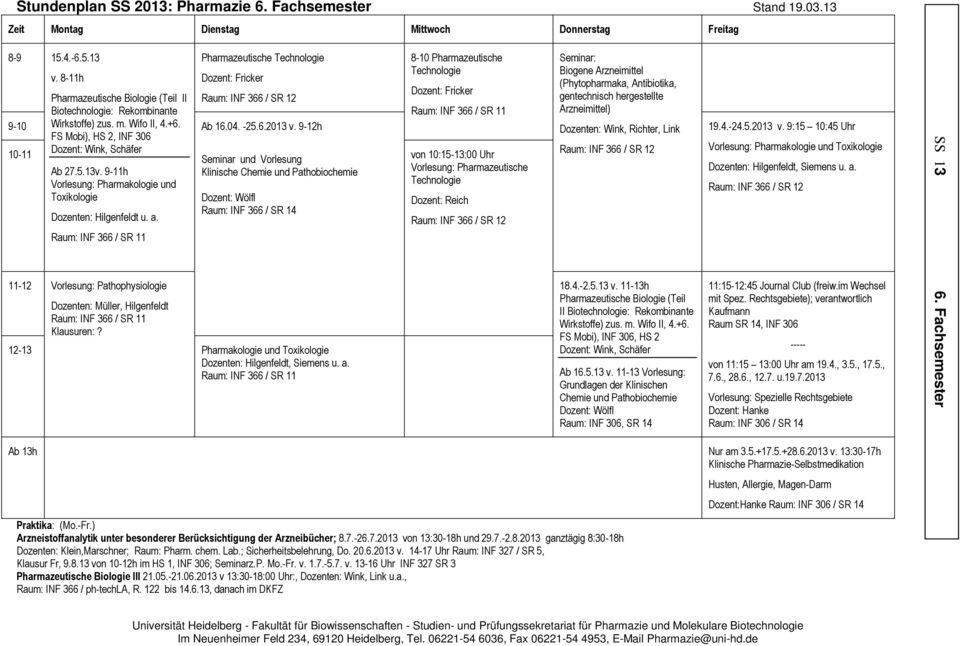 Vorlesung: Pathophysiologie Dozenten: Müller, Hilgenfeldt Klausuren:? Dozent: Fricker Ab 16.04. -25.6.2013 v.