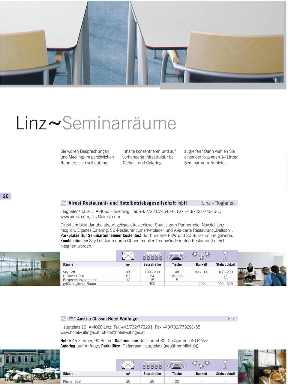 +43/7221/74545-0, Fax +43/7221/74545-1, www.airest.com, linz@airest.com Direkt am blue danube airport gelegen, kostenloser Shuttle zum Partnerhotel Novotel Linz möglich.