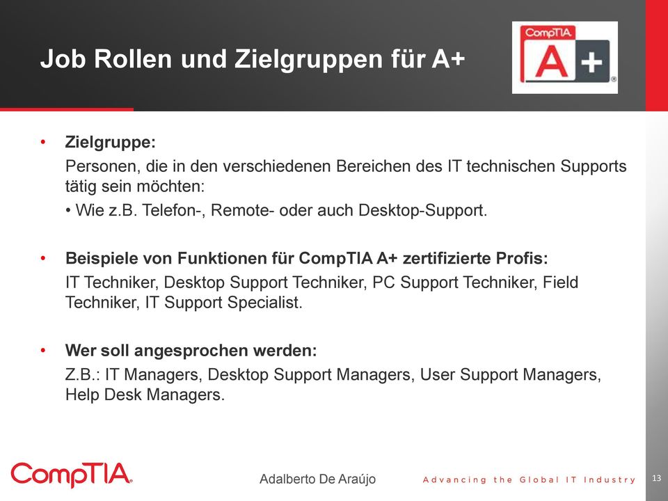 Beispiele von Funktionen für CompTIA A+ zertifizierte Profis: IT Techniker, Desktop Support Techniker, PC Support