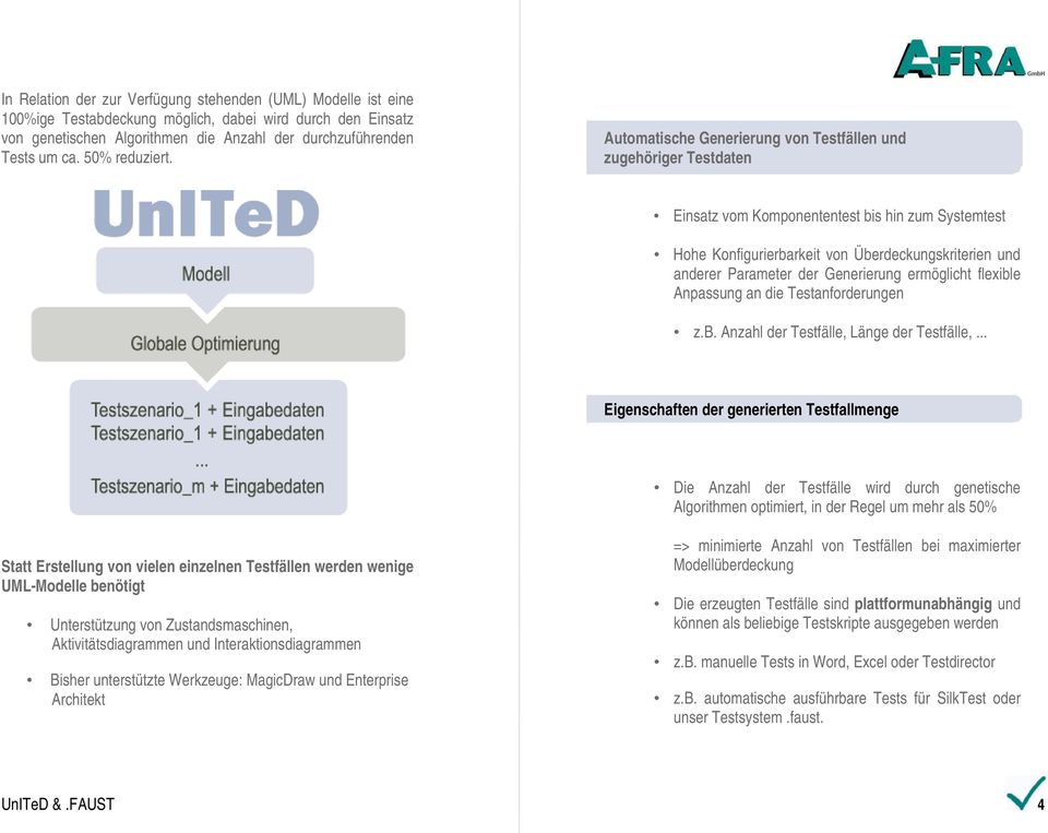 Automatische Generierung von Testfällen und zugehöriger Testdaten Einsatz vom Komponententest bis hin zum Systemtest Hohe Konfigurierbarkeit von Überdeckungskriterien und anderer Parameter der