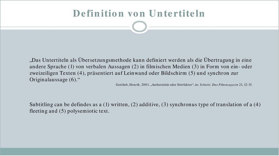 Bildschirm (5) und synchron zur Originalaussage (6). Gottlieb, Henrik. 2001. Authetizität oder Störfaktor, in: Schnitt.