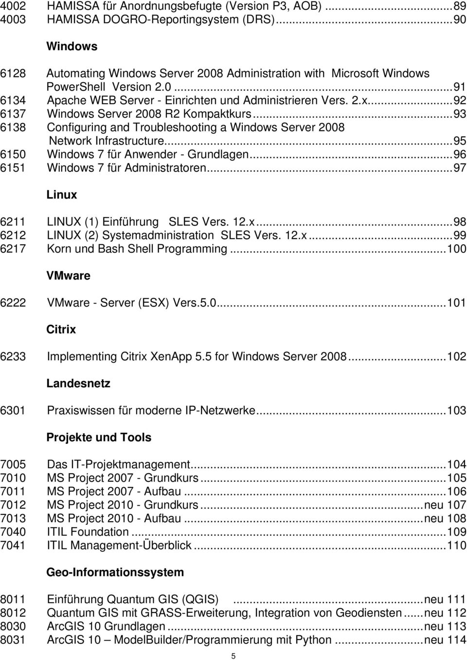 ..92 6137 Windows Server 2008 R2 Kompaktkurs...93 6138 Configuring and Troubleshooting a Windows Server 2008 Network Infrastructure...95 6150 Windows 7 für Anwender - Grundlagen.