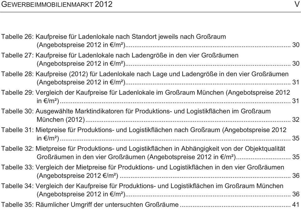 .. 30 Tabelle 28: Kaufpreise (2012) für Ladenlokale nach Lage und Ladengröße in den vier Großräumen (Angebotspreise 2012 in /m²).
