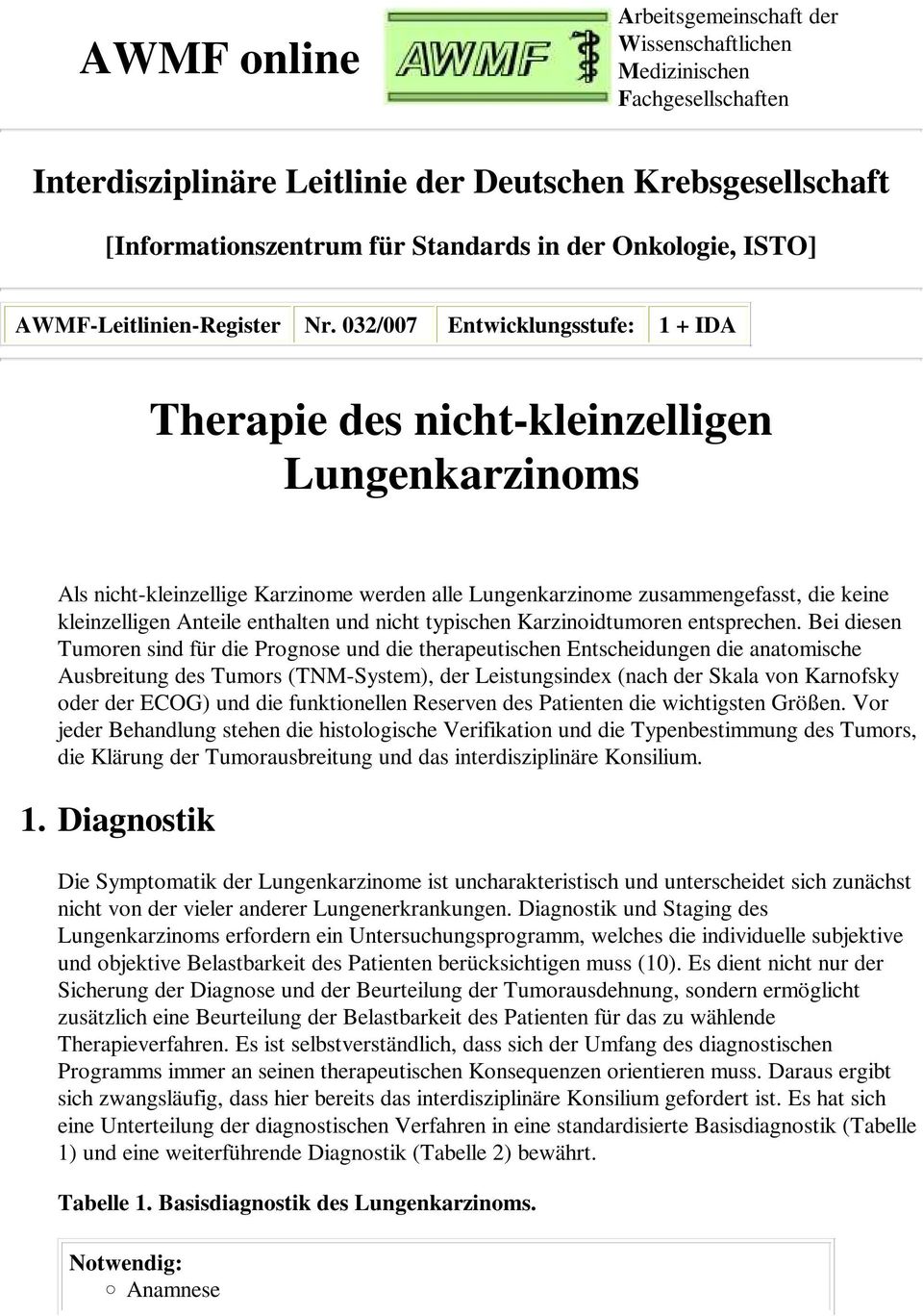 032/007 Entwicklungsstufe: 1 + IDA Therapie des nicht-kleinzelligen Lungenkarzinoms Als nicht-kleinzellige Karzinome werden alle Lungenkarzinome zusammengefasst, die keine kleinzelligen Anteile