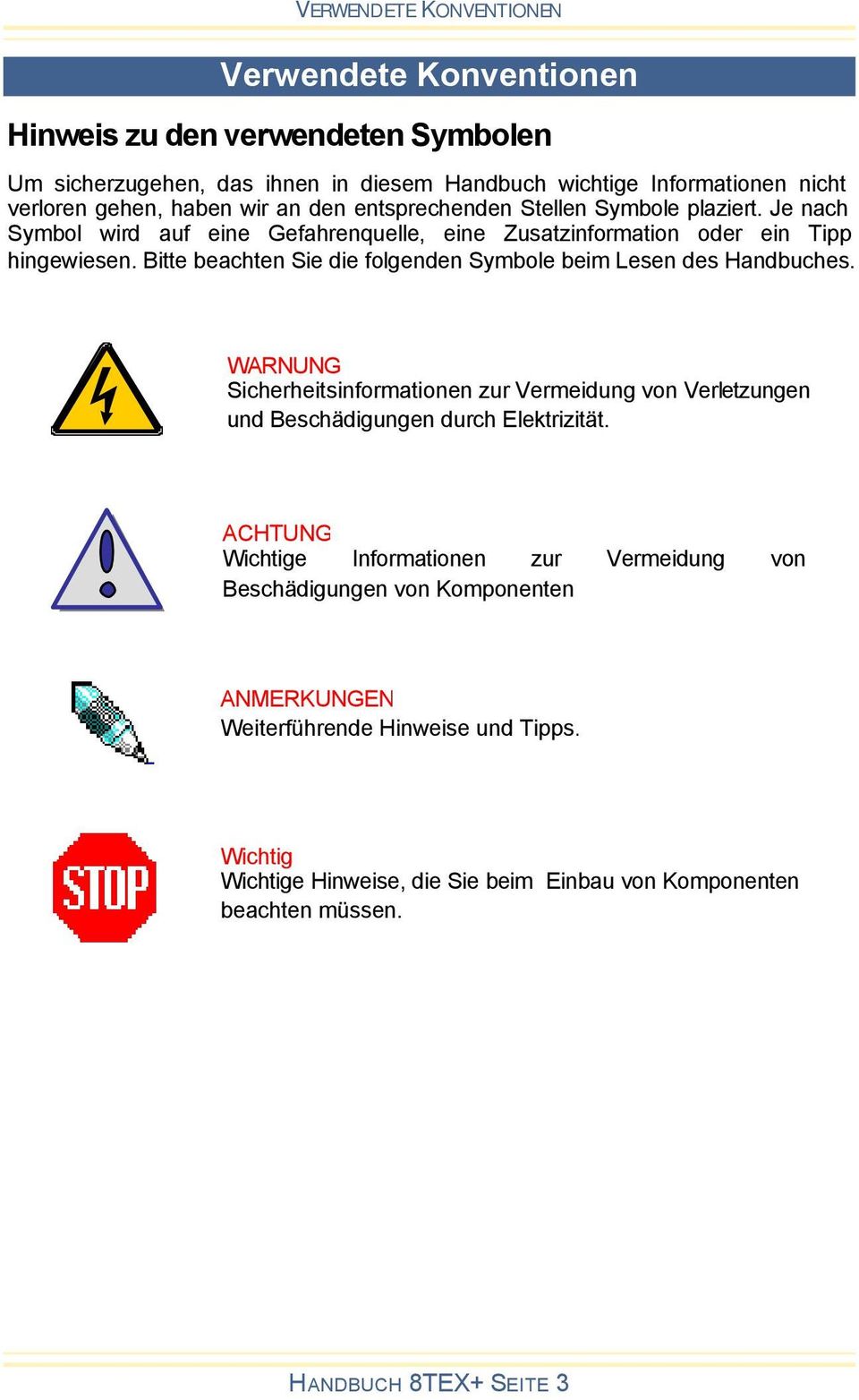 Bitte beachten Sie die folgenden Symbole beim Lesen des Handbuches. WARNUNG Sicherheitsinformationen zur Vermeidung von Verletzungen und Beschädigungen durch Elektrizität.