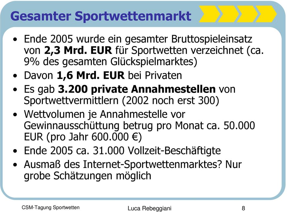200 private Annahmestellen von Sportwettvermittlern (2002 noch erst 300) Wettvolumen je Annahmestelle vor Gewinnausschüttung betrug