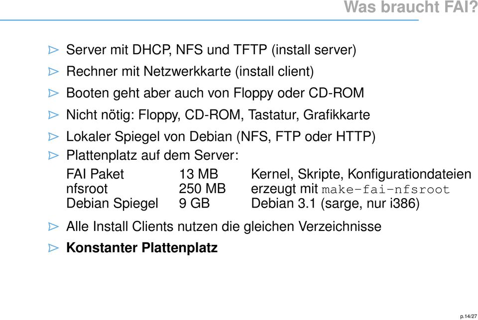 CD-ROM Nicht nötig: Floppy, CD-ROM, Tastatur, Grafikkarte Lokaler Spiegel von Debian (NFS, FTP oder HTTP) Plattenplatz auf dem