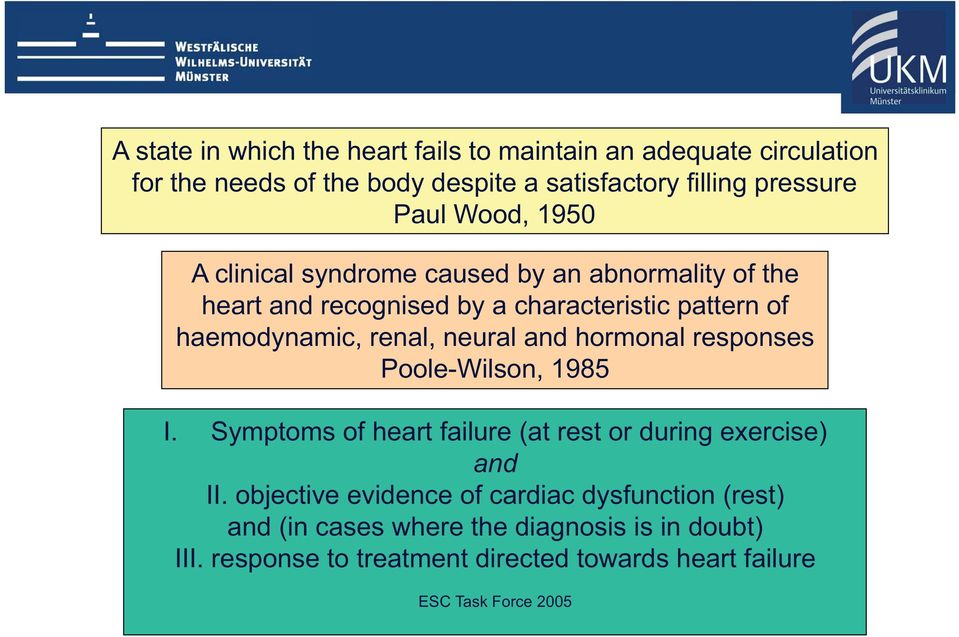 neural and hormonal responses Poole-Wilson, 1985 I. Symptoms of heart failure (at rest or during exercise) and II.