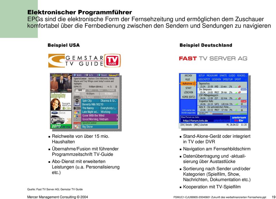 ) Quelle: Fast TV Server AG; Gemstar TV Guide Stand-Alone-Gerät oder integriert in TV oder DVR Navigation am Fernsehbildschirm Datenübertragung und -aktualisierung über Austastlücke Sortierung nach