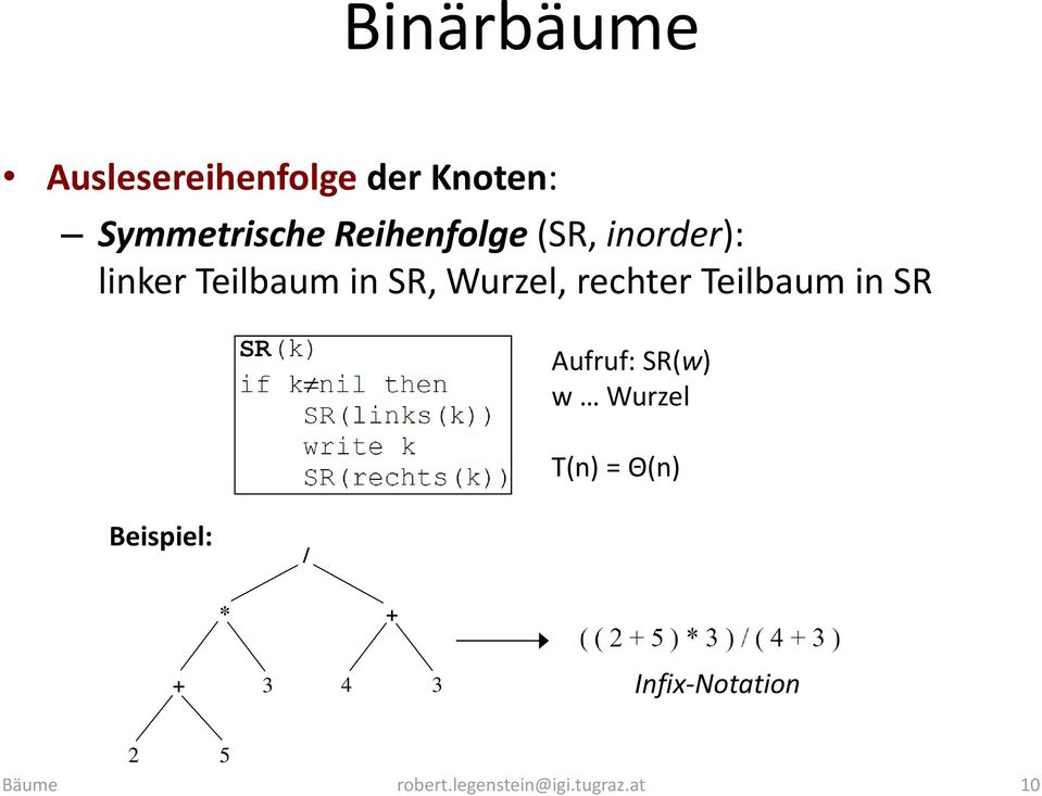 rechter Teilbaum in SR Aufruf: SR(w) w Wurzel T(n) = Θ(n)