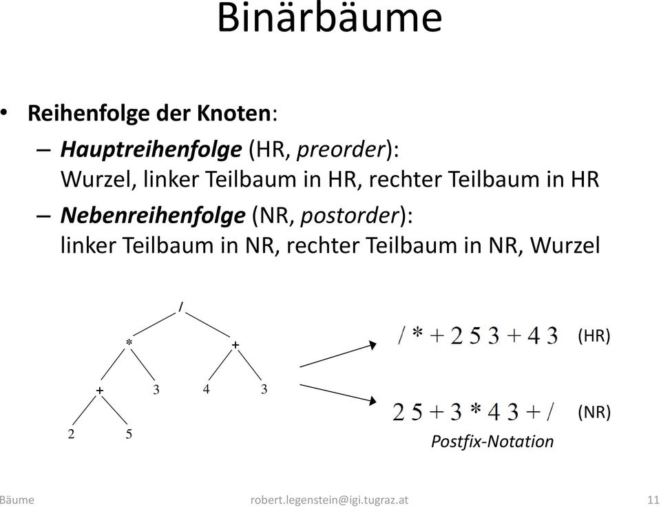 (NR, postorder): linker Teilbaum in NR, rechter Teilbaum in NR, Wurzel /