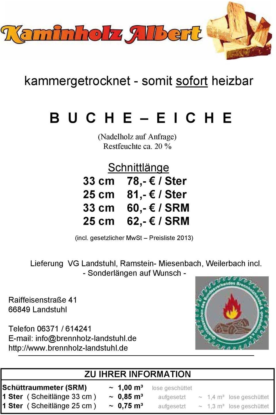 gesetzlicher MwSt Preisliste 2013) Lieferung VG Landstuhl, Ramstein- Miesenbach, Weilerbach incl.