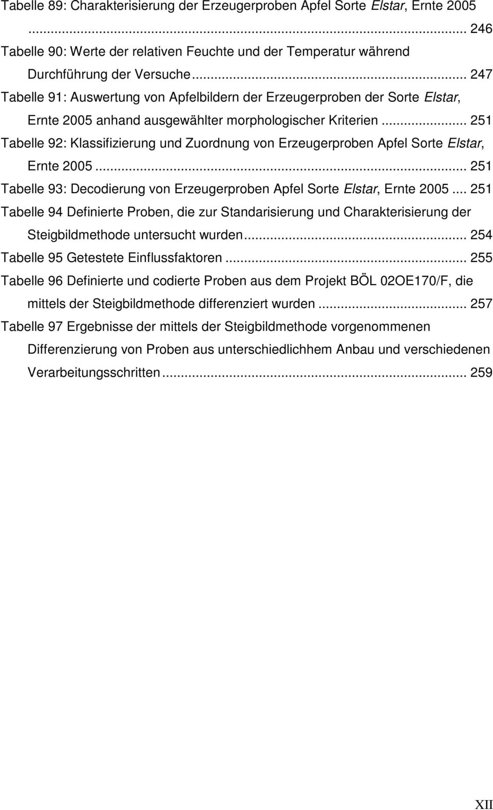 .. 251 Tabelle 92: Klassifizierung und Zuordnung von Erzeugerproben Apfel Sorte Elstar, Ernte 2005... 251 Tabelle 93: Decodierung von Erzeugerproben Apfel Sorte Elstar, Ernte 2005.