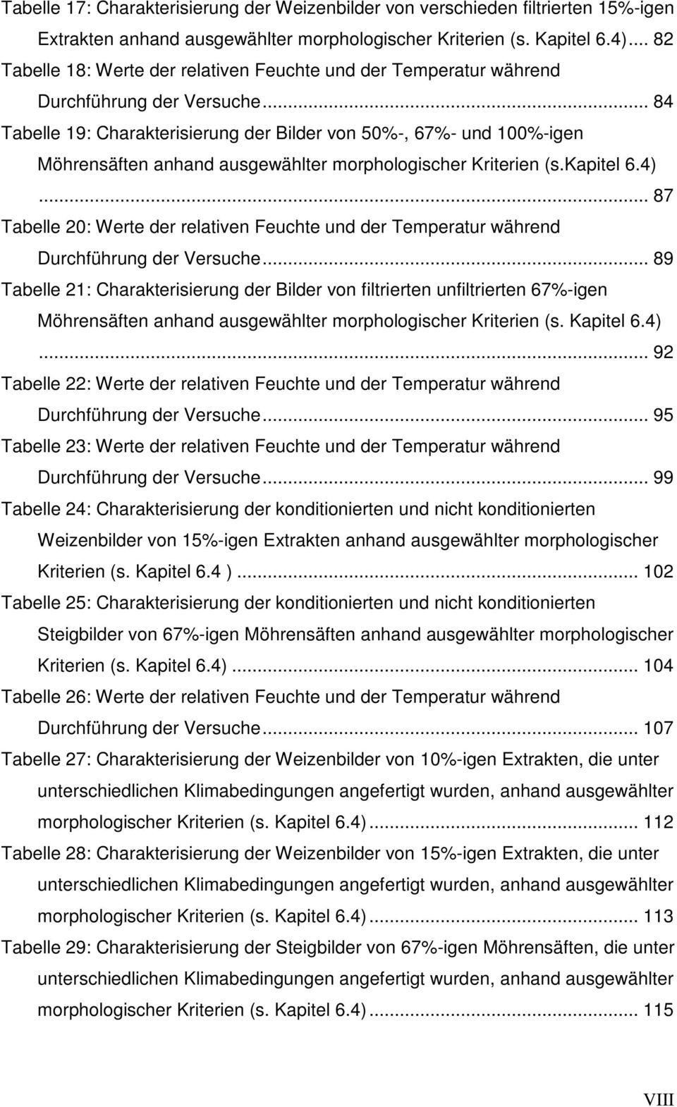 .. 84 Tabelle 19: Charakterisierung der Bilder von 50%-, 67%- und 100%-igen Möhrensäften anhand ausgewählter morphologischer Kriterien (s.kapitel 6.4).