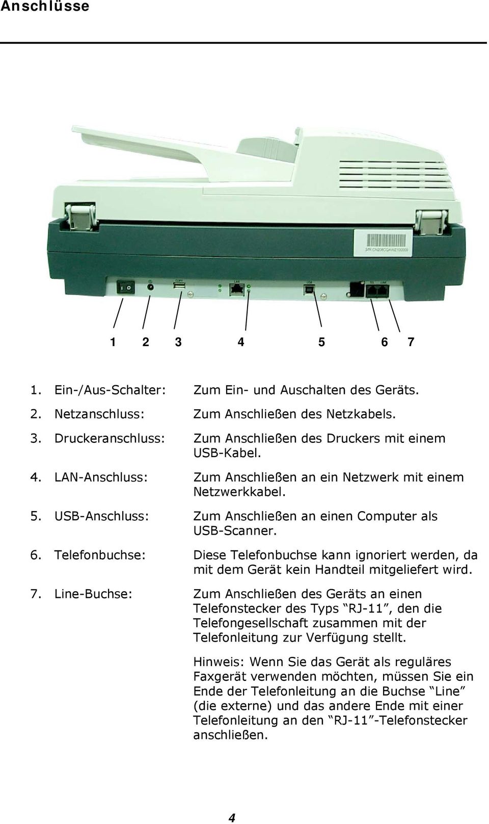 Telefonbuchse: Diese Telefonbuchse kann ignoriert werden, da mit dem Gerät kein Handteil mitgeliefert wird. 7.