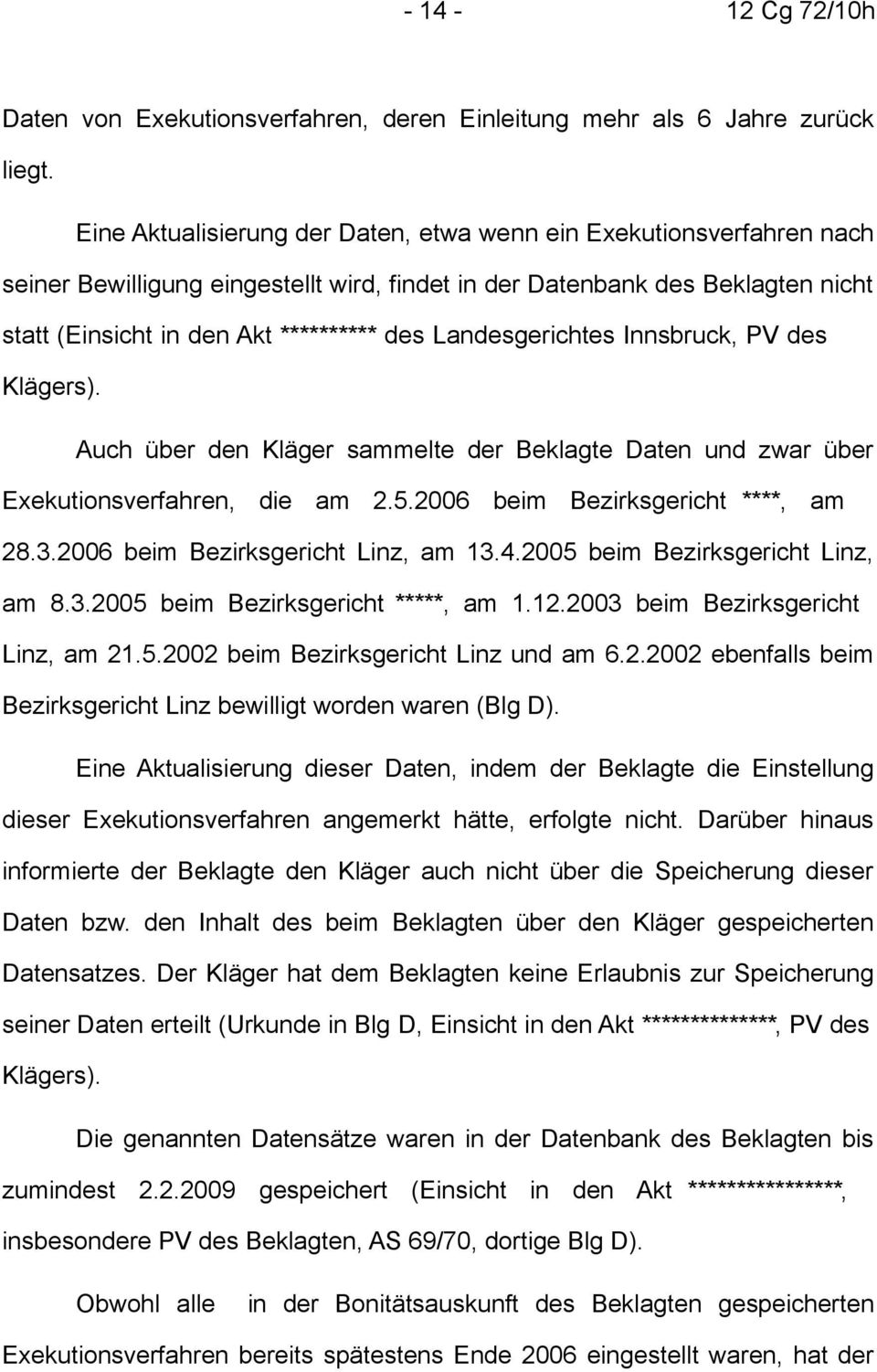 Landesgerichtes Innsbruck, PV des Klägers). Auch über den Kläger sammelte der Beklagte Daten und zwar über Exekutionsverfahren, die am 2.5.2006 beim Bezirksgericht ****, am 28.3.
