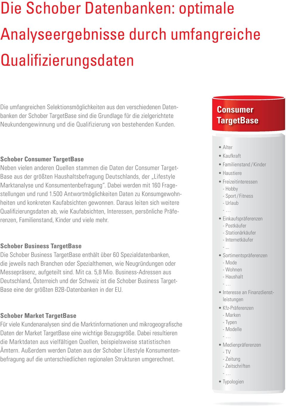 Consumer TargetBase Schober Consumer TargetBase Neben vielen anderen Quellen stammen die Daten der Consumer Target- Base aus der größten Haushaltsbefragung Deutschlands, der Lifestyle Marktanalyse
