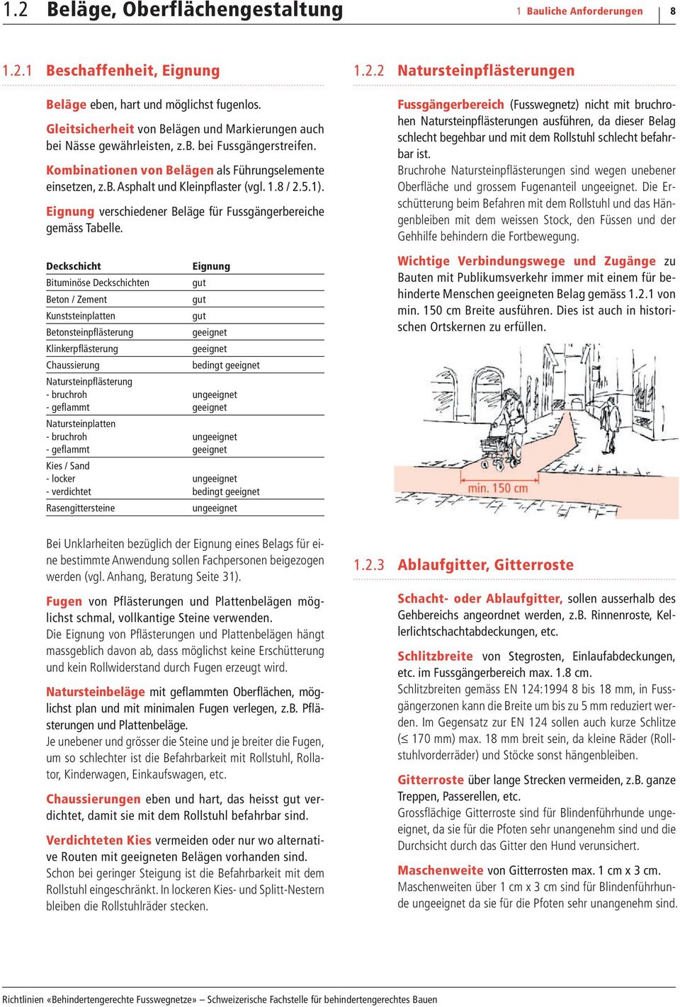 1.8 / 2.5.1). Eignung verschiedener Beläge für Fussgängerbereiche gemäss Tabelle.