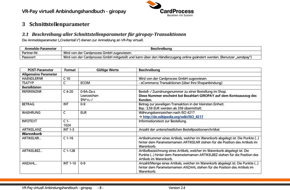 (Benutzer sendpay ) POST-Parameter Format Gültige Werte Beschreibung Allgemeine Parameter HAENDLERNR C 10 Wird von der Cardprocess GmbH zugewiesen.