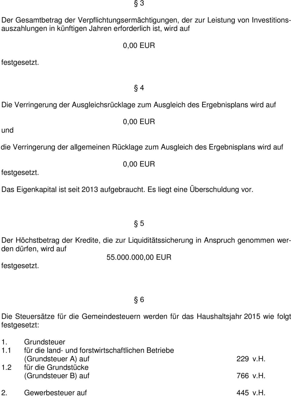 Es liegt eine Überschuldung vor. 5 Der Höchstbetrag der Kredite, die zur Liquiditätssicherung in Anspruch genommen werden dürfen, wird auf 55.000.