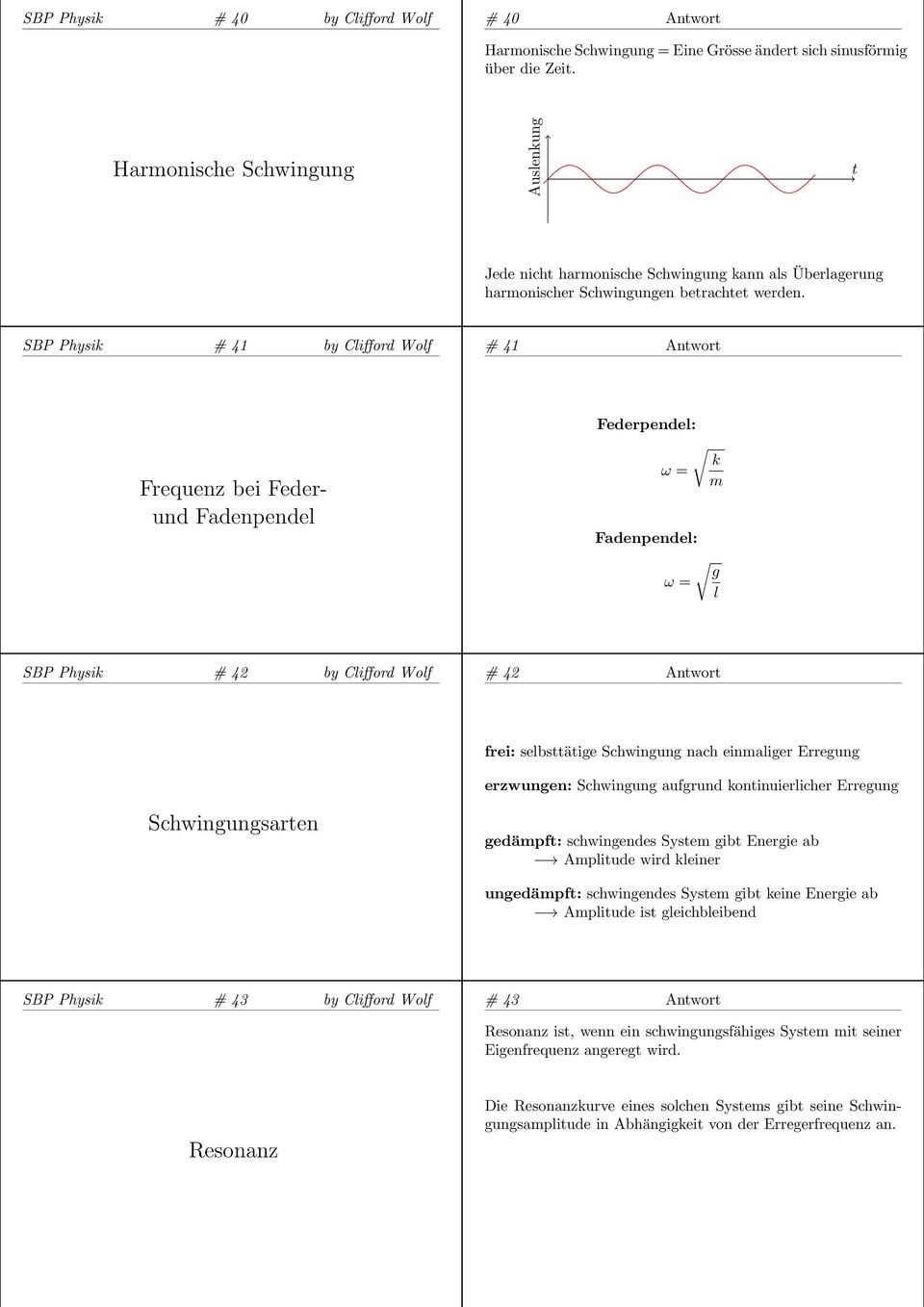 SBP Physik # 41 by Clifford Wolf # 41 Antwort Federpendel: Frequenz bei Federund Fadenpendel ω = Fadenpendel: k m ω = g l SBP Physik # 4 by Clifford Wolf # 4 Antwort frei: selbsttätige Schwingung